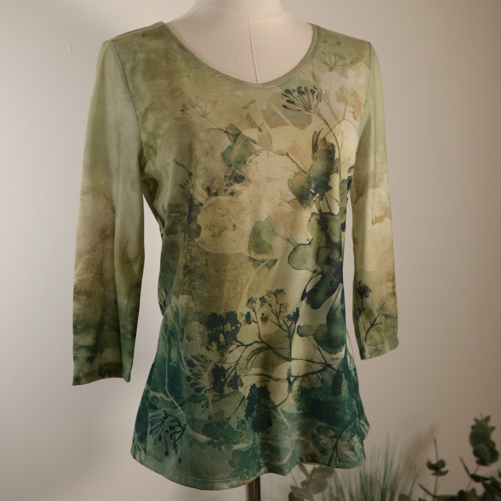 Coldwater Creek Womens XS Green Botanical Floral Print 3/4 Sleeve Scoop Neck Top